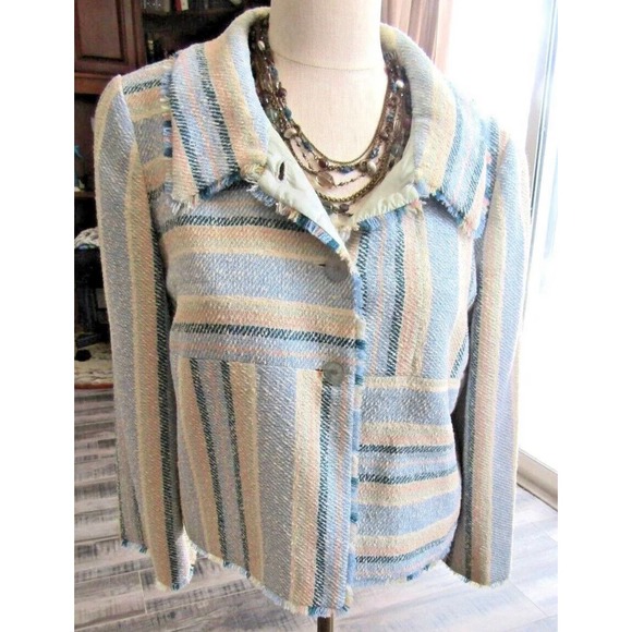 Chanel Blue & Beige Striped Wool Blend Jacket Coat Size 42, Medium - Picture 12 of 12